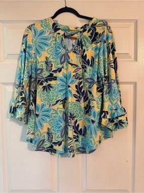 Ruby Rd. Floral Keyhole Tie Blouse - Blue, Yellow & Green
